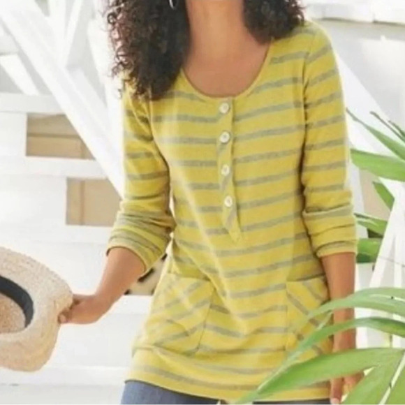 Soft Surroundings Striped Blouse Yellow and Gray Button Down Dramatic Spring - Picture 2 of 7